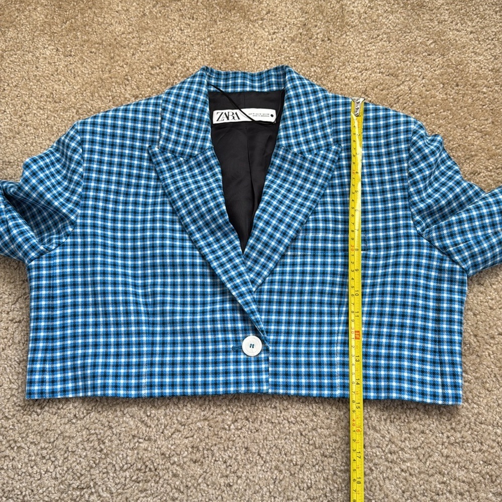 Zara Blogger Favorite Cropped Blue Plaid Blazer Women’s Size Medium - Picture 9 of 12